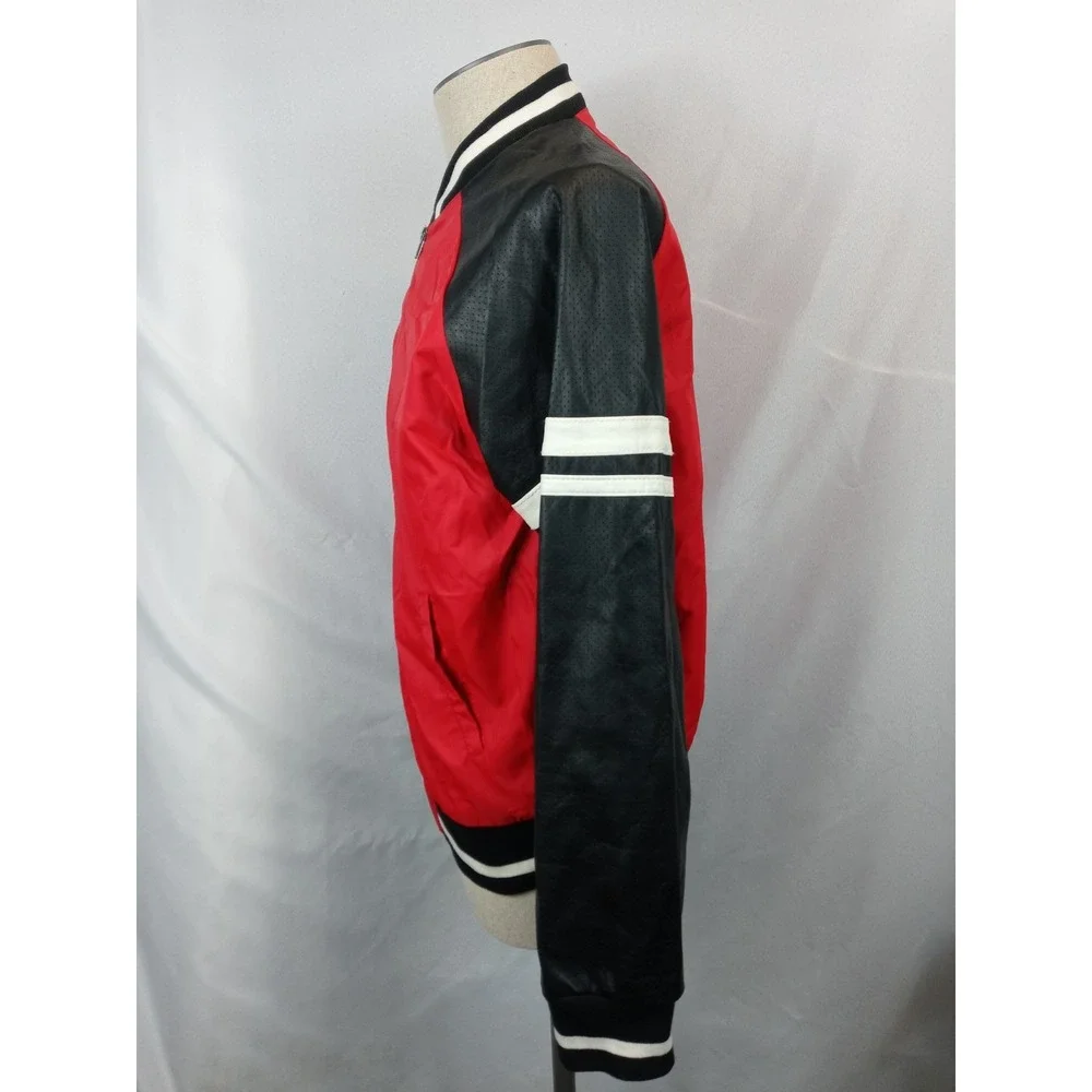 Mens Bomber Jacket sz Large Red Black Faux Leather Sleeve Varsity Full Zip Lined